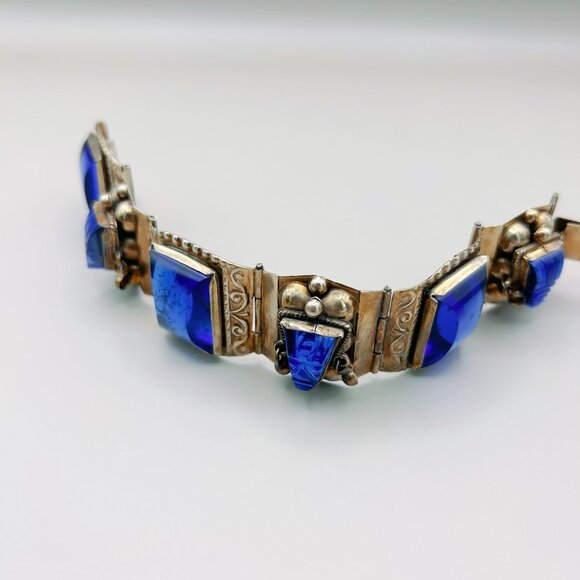Vintage Mexican Sterling Silver Bracelet with Blue Stones | Hinged 0925 AR - Picture 5 of 11